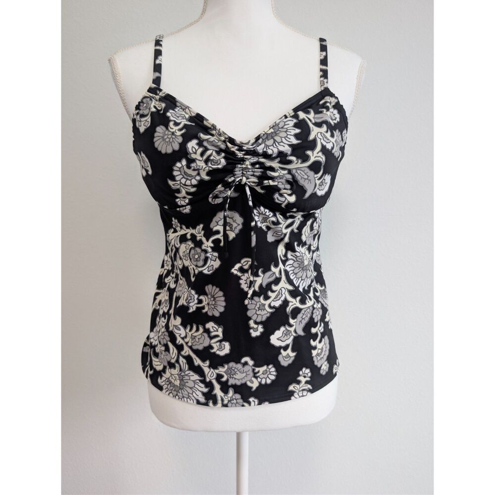 Lands' End Black White Floral Paisley Underwire Tankini Swim Top Size 8